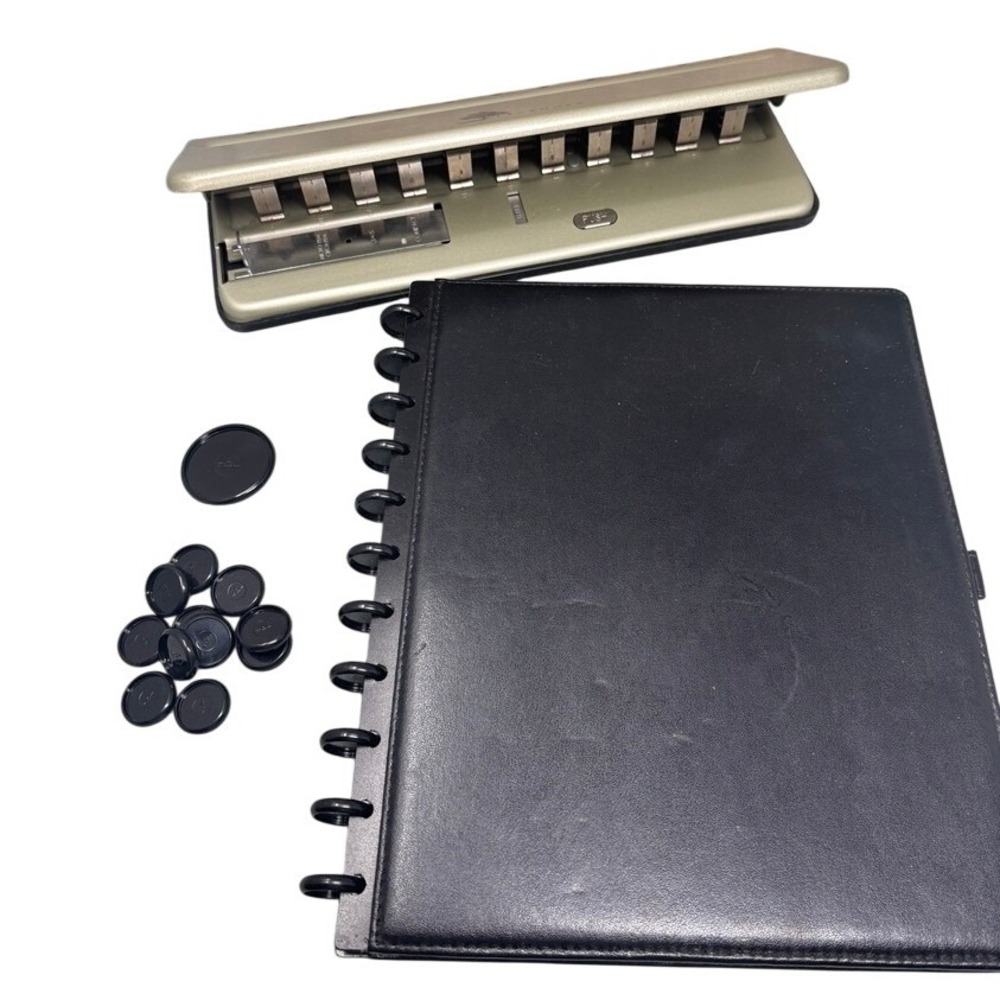 Levenger Circa Desk Punch and Staples Arc Black Leather Notebook Bundle Set